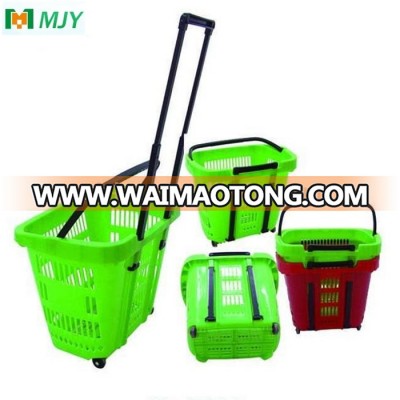 Plastic rolling shopping basket MJY-TR03 with two wheels